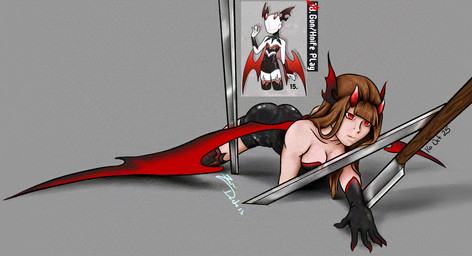 black_clothing breasts brown_hair clothing crawling fake_horns female hair knife knife_play melee_weapon panty_lines red_eyes solo sword sword_in_ground tight_clothing weapon zeryxis humanoid