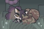 ambiguous_gender brown_body brown_fur duo feral fur grass hair plant purple_hair smile yakkotsuki trailmix_(not_a_furfag) yuki_(labbit) canid canine fox mammal procyonid raccoon 3:2 digital_media_(artwork) hi_res