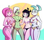 2018 adventure_time alien alien_humanoid beverage black_clothing black_hair black_panties black_underwear blue_body bottomwear breasts candy candy_humanoid candy_people_(at) cartoon_network clothed clothing creepy_susie crossover dabbledraws dessert disney female fingers food food_creature food_humanoid freckles green_body green_skin group hair hi_res humanoid humanoid_pointy_ears jenny_wakeman jewelry living_candy living_gum looking_at_viewer lord_dominator machine my_life_as_a_teenage_robot navel necklace nickelodeon noseless not_furry panties pasties pattern_bottomwear pattern_clothing pattern_panties pattern_underwear pink_body pink_clothing pink_panties pink_sclera pink_underwear princess_bubblegum pseudo_hair robot standing the_oblongs topless underwear underwear_only wander_over_yonder white_body yellow_clothing yellow_panties yellow_underwear