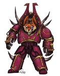 anthro armor blue_eyes chaos_space_marine ear_piercing ear_ring ear_stud fur gauged_ear machine male orange_body orange_fur piercing power_armor ring_piercing solo spiked_armor spikes rosevnightshade_(artist) warhammer_(franchise) warhammer_40000 world_eaters canid canine fox mammal