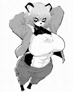 abs anthro big_breasts bird's-eye_view black_body black_fur bottomwear breast_focus breasts claws clothing crop_top ear_piercing facial_markings fangs female fur hair hands_behind_head head_markings high-angle_view jacket markings midriff pants perspective piercing shirt short_hair solo teeth toe_claws topwear white_body white_fur wide_hips miregeist bear giant_panda mammal 2025 4:5 absurd_res hi_res monochrome