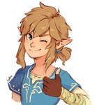 2018 blonde_hair blue_eyes breath_of_the_wild clothing ear_piercing ear_ring elf fingerless_gloves gloves hair handwear humanoid humanoid_pointy_ears hylian link lulles male nintendo not_furry one_eye_closed piercing ponytail ring_piercing signature simple_background smile solo the_legend_of_zelda wink