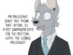 anthro cheek_tuft dialogue facial_tuft fur grey_body grey_fur notched_ear politics solo suit_and_tie text tuft mangoyena canid canine canis mammal wolf 2023 4:3 digital_media_(artwork) english_text