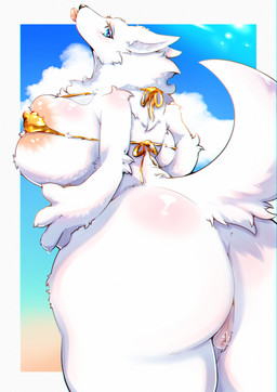 areola big_breasts big_butt bikini bikini_top biped blue_eyes bottomless breasts butt clothed clothing eyelashes female fur genitals glistening glistening_body huge_butt looking_at_viewer looking_back nipple_outline outside pupils solo swimwear tail tight_clothing two-piece_swimsuit vulva white_body dwy_yeddog golden_week canid canine humanoid mammal hi_res