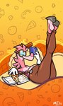 anthro book clothed clothing container eyewear food footwear fur glasses legs_up loose_footwear male meme_pose overall_pants partially_clothed partially_clothed_anthro partially_clothed_male pink_body pink_fur pizza pizza_box pose shoe_dangle shoes smile solo suggestive anotherartboy crackers_in_bed_pose chuckles_panglin mammal pangolin hi_res meme