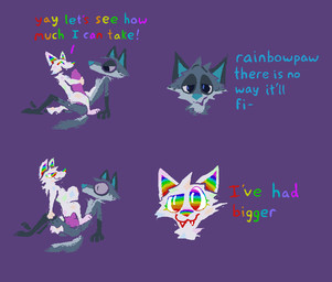 animal_genitalia animal_penis anthro anthro_on_anthro anthro_penetrated anthro_penetrating anthro_penetrating_anthro big_penis blue_body blue_fur blue_text canine_genitalia canine_penis cowgirl_position duo fangs female female_penetrated from_front_position fur genitals huge_penis knot knotted_penis male male/female male_penetrating male_penetrating_female multicolored_eyes on_bottom on_top penetration penis rainbow_eyes rainbow_inner_ear rainbow_nose rainbow_text ridiculous_fit sex sparklefur teasing teeth text demensa emil_(demensa) rainbowpaw_(demensa) canid canine canis coyote domestic_dog mammal 2024 comic english_text hi_res