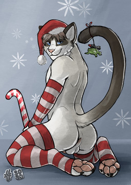 anthro anus armwear balls barely_visible_genitalia barely_visible_penis black_claws blue_eyes brown_hair butt candy candy_cane christmas_clothing christmas_headwear claws closed_smile clothed clothing crossdressing dessert food fur genitals glistening glistening_eyes grey_background hair hat headgear headwear holidays kneeling legwear looking_at_viewer male male_anthro mouth_closed pattern_armwear pattern_clothing pattern_legwear pawpads penis perineum pink_anus pink_nose pink_pawpads pink_penis red_armwear red_clothing red_hat red_headwear red_legwear santa_hat short_hair simple_background slim_anthro slim_male smile solo striped_armwear striped_clothing striped_legwear stripes toe_claws whiskers white_armwear white_balls white_body white_clothing white_fur white_legwear white_perineum hufnaar christmas domestic_cat felid feline felis mammal 2024 dated hi_res