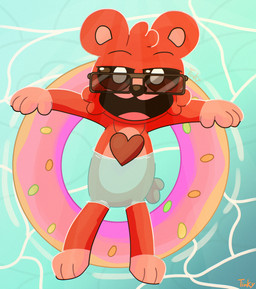 anthro donut_pool_toy ears_up eyewear female fur heart_symbol jewelry necklace partially_submerged paws pool_float red_body red_fur solo sunglasses sunny swimming tail water tinky mob_entertainment poppy_playtime smiling_critters bobby_bearhug bear mammal hi_res