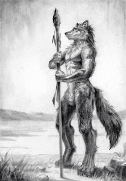 animal_genitalia anthro athletic athletic_anthro athletic_male balls digitigrade fur genitals grass holding_object holding_staff male neck_tuft nude nude_anthro nude_male outside paws plant sheath snaggle_tooth solo staff tail three-quarter_view tuft akatan_art canid canine canis mammal wolf 2026 charcoal_(artwork) full-length_portrait greyscale hi_res monochrome portrait signature traditional_media_(artwork)