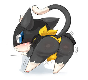 anthro backsack balls belt bent_over big_butt black_body black_ears black_fur blue_eyes blush bodily_fluids bulge butt chibi clothed clothed_anthro clothed_male clothing feet femboy fur genital_fluids genitals kerchief looking_at_viewer looking_back looking_back_at_viewer male male_anthro markings mask panties precum precum_through_clothing precum_through_underwear presenting presenting_hindquarters raised_tail simple_background solo sweat tail tail_markings underwear utility_belt wet wet_clothing white_background white_body white_fur yellow_clothing yellow_underwear hanuvo atlus megami_tensei persona_(series) persona_5 sega morgana_(persona) domestic_cat felid feline felis mammal tuxedo_cat 2022 digital_media_(artwork) hi_res