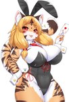 anthro blonde_hair blush breasts clothed clothing felid feline felis female female_anthro fur hair hi_res horokusa0519 inner_ear_fluff kemono looking_at_viewer mammal simple_background smile solo tail thick_thighs tongue tora-chan_(horokusa) tuft white_background white_body