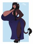 anthro big_breasts breasts cleavage clothed clothing dress female footwear hand_on_hip high_heels huge_breasts shoes solo thick_thighs jwinkz summer_(jwinkz) bovid bovine cattle mammal 2023 hi_res