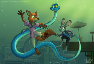 anthro blue_body blue_scales bottomwear building clothing fangs female feral fur green_eyes grey_body grey_fur group jacket multicolored_body multicolored_fur multicolored_scales necktie orange_body orange_fur pants purple_eyes scales shirt teeth topwear trio two_tone_body two_tone_fur two_tone_scales underwater ventral_scales water jayheartwing disney zootopia gary_de'snake judy_hopps nick_wilde canid canine european_rabbit fox lagomorph leporid mammal oryctolagus pit_viper rabbit red_fox reptile scalie snake true_fox viper 2025 digital_media_(artwork) hi_res