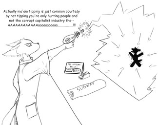 anthro bag counter duo female food male ranged_weapon raygun sandwich_(food) shrink_ray shrinking size_transformation text transformation weapon doublespace subway_(restaurant) english_text hi_res monochrome