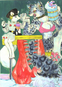 anthro beverage bra breasts claws cleavage clothed clothing collar cutlery dessert duo ear_piercing ear_ring eating female food fur furniture green_eyes hat headgear headwear ice_cream kitchen_utensils larger_female open_mouth pawpads piercing ring_piercing sitting size_difference spoon spots table tail teeth tongue tongue_out tools underwear white_body white_fur kyokyota arctic_fox canid canine felid fox mammal mustelid musteline pantherine snow_leopard true_fox 2019 absurd_res hi_res traditional_media_(artwork)