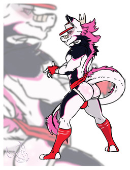 anthro bulge butt clothing fluffy fluffy_tail footwear fur gloves hair handwear hat headgear headwear horn jockstrap male muscular pink_hair socks solo tail twunk underwear mr.brapion mythology k_a_z_z dragon furred_dragon furred_scalie mythological_creature mythological_scalie scalie absurd_res hi_res
