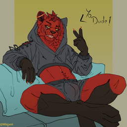 anthro barbell_piercing black_body bodily_fluids bottomwear bulge claws clothed clothing crop_top cropped_hoodie detailed_bulge ear_piercing eyebrow_piercing facial_piercing fur furniture genital_outline genitals gesture grey_clothing hair hand_gesture hoodie industrial_piercing jewelry looking_at_viewer male male_anthro navel open_mouth piercing red_body red_fur red_hair ring_piercing shirt shorts simple_background sitting smile sofa solo teeth text topwear underwear v_sign yellow_eyes milajanh felid feline lion mammal pantherine 1:1 absurd_res english_text hi_res