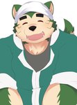 anthro bandanna belly eyebrows eyes_closed fur green_body green_fur kerchief male overweight smile solo thick_eyebrows higa1232 lifewonders live_a_hero mokdai canid canine canis domestic_dog mammal absurd_res hi_res