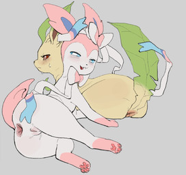 anus big_anus blue_eyes blush bodily_fluids bow_ribbon brown_eyes butt duo fangs feet female female_feral feral gaping gaping_anus genitals green_body grey_background humanoid_genitalia humanoid_genitalia_on_feral humanoid_vulva humanoid_vulva_on_feral leaf leaf_hair leaf_tail looking_at_viewer lying on_side paws pink_body plant plant_hair pokemorph pseudo_hair ribbons_(anatomy) simple_background sitting smile sweat tail tan_body teeth thick_thighs vulva white_body wide_hips skeleton265 nintendo pokemon eeveelution generation_4_pokemon generation_6_pokemon leafeon mammal pokemon_(species) sylveon 2025 digital_drawing_(artwork) digital_media_(artwork) hi_res