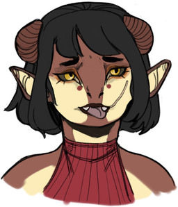 anthro bangs black_sclera bob_cut clothing eyelashes female horn open_mouth pointy_ears simple_background solo tongue tongue_out white_background yellow_eyes eggy_weggi ida_(eggy_weggi) 2024 digital_drawing_(artwork) digital_media_(artwork) low_res portrait
