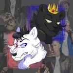 1:1 ambiguous_gender anthro black_body black_fur black_hair black_nose blue_eyes bowsetti canid canine canis crown danny_smoke_in_furry_land duo eminem eyebrows facial_scar felid frown fur hair headgear heterochromia king king_magnum mammal marshall_the_wolf pantherine prick_ears raised_eyebrow real red_eyes round_ears royalty scar sharp_teeth smile snout teeth white_body white_fur wolf yellow_eyes
