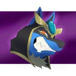 anthro clenched_teeth clothing decorative_scarab egyptian egyptian_clothing egyptian_headdress fangs fur glowing glowing_eyes headdress headgear headwear looking_at_viewer male narrowed_eyes snout solo teeth reagan700 nintendo pokemon khaba_(reagan700) generation_4_pokemon lucario pokemon_(species) 1:1 2024 headshot_portrait portrait