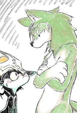 anthro anthrofied armor blush bodily_fluids clothing crossed_arms duo eye_contact female fused_shadow hair headgear headwear helmet looking_at_another looking_down looking_up male narrowed_eyes nude sweat wide_eyed dragonweirdo nintendo the_legend_of_zelda twilight_princess link_(wolf_form) midna canid canine canis imp mammal wolf hi_res