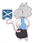 anthro arm_tuft barefoot black_bottomwear black_clothing black_skirt blue_clothing blue_flag blue_sky blue_topwear blue_vest bottomwear breasts butt clothed clothed_anthro clothed_female clothing directional_arrow ear_piercing ear_ring elbow_tuft feet female female_anthro flag fur fur_tuft furgonomic_bottomwear furgonomics grey_body grey_ears grey_fur grey_hair grey_tuft hair hands_on_hips holidays piercing pink_tail pointy_ears ponytail prick_ears raised_tail rat_tail rear_view red_circle red_hair_tie ring_piercing scottish_flag shirt simple_background skirt sky small_feet solo tail tail_through_skirt topwear translucent translucent_hair translucent_tail tuft vest weight_loss white_background white_clothing white_clouds white_flag white_shirt white_topwear maddeku april_fools'_day red_circle_perpetrators elisa_(maddeku) fancy_rat mammal murid murine rat rodent 2024 colored full-length_portrait hi_res mixed_media portrait