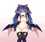 bikini blue_hair blush breasts choker clothed clothing female hair humanoid_pointy_ears jewelry legwear long_hair looking_at_viewer monster_girl_(genre) navel necklace not_furry partially_clothed pigtails pointy_ears pupils simple_background skimpy slit_pupils small_breasts smile solo standing swimwear thigh_highs two-piece_swimsuit wide_hips wings yellow_eyes sub-res monster_girl_quest neris demon humanoid 2016