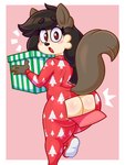 anthro big_butt blush blush_stickers brown_hair butt butt_cleavage butt_flap clothing female fluffy fluffy_tail gift hair holidays long_hair looking_at_viewer looking_back onesie rear_view shocked solo tail tan_body acstlu christmas domestic_cat felid feline felis mammal absurd_res hi_res