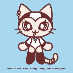 anthro blue_background chibi cigarette cigarette_in_mouth clothed clothing ear_piercing female object_in_mouth piercing profanity simple_background solo superflat tail text cyberneko tamala_2010:_a_punk_cat_in_space tamala domestic_cat felid feline felis mammal 1:1 english_text