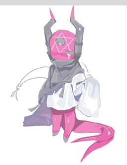 3_eyes ambiguous_gender antennae_(anatomy) clothing facial_markings forehead_markings grey_clothing grey_eyes grey_robe head_markings hooves long_sleeves machine markings multi_eye pink_body pink_tail robe tail white_clothing alretta rain_world videocult fan_character strawberry_milk_(alretta) iterator_(rain_world) robot