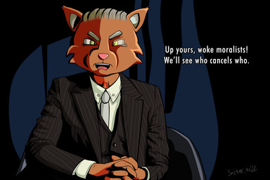 angry anthro black_clothing black_suit clothing fur grey_hair hair looking_at_viewer male necktie orange_body orange_fur politics shirt simple_background sitting solo suit text topwear white_clothing white_shirt white_topwear yellow_eyes unknown_artist jordan_peterson bobcat felid feline lynx mammal 3:2 english_text hi_res meme source_request