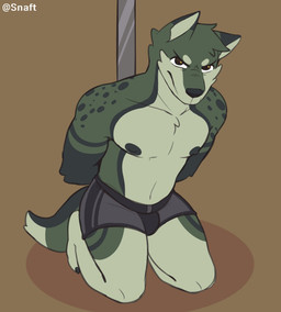 angry anthro arms_tied biped black_nipples bound bulge clothing countershading fur fur_markings kneeling looking_at_viewer male markings multicolored_body multicolored_fur multicolored_tail nipples pole simple_background solo tail underwear unnatural_colors snaftfc canid canine mammal 2020 digital_media_(artwork) hi_res