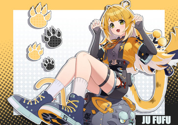 accessory animal_ears bare_legs belt black_bottomwear black_clothing black_shorts blonde_hair blue_clothing blue_footwear blue_shoes blush bottomwear clothed clothing collared_shirt dotted_background dress_shirt fangs female fluffy_ears footprint footwear furgonomics glistening glistening_hair green_eyes grey_dress_shirt hair jacket long_hair markings open_clothing open_jacket open_mouth open_topwear pattern_background paw_pose pawprint pose ribbons shirt shoes shorts simple_background sitting socks solo striped_hair striped_markings striped_tail stripes tail tail_accessory tail_markings tail_ribbon teeth thigh_strap topwear two_tone_tail white_clothing white_footwear white_hair white_socks yellow_clothing yellow_jacket_(clothing) yellow_topwear young young_female young_humanoid sasa_4tk mihoyo zenless_zone_zero ju_fufu animal_humanoid felid felid_humanoid humanoid mammal mammal_humanoid pantherine pantherine_humanoid thiren tiger_humanoid absurd_res hi_res
