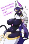 ambiguous_gender breasts cape clothing duo female fingers head_between_thighs machine purple_text question_mark tail text zzvinniezz anon venus_(zzvinniezz) animal_humanoid anubian_jackal canid canine canis human humanoid jackal mammal robot 2021 absurd_res english_text hi_res