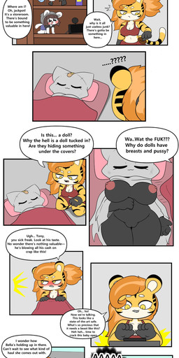 anthro cigarette dialogue female male shelf sleeping speech_bubble stripes tail text window yellow_eyes tonytoran bella_(tonytoran) drake_(tonytoran) ghost_cat_(tonytoran) domestic_cat felid feline felis ghost lion mammal pantherine spirit tiger absurd_res comic english_text hi_res