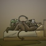 anthro bed bone cuddling demonic duo furniture lying male male/male muscular on_back on_bed on_top raised_tail skull skull_head slightly_chubby tail dzel_(artist) diego_(dzel) remnant vuhl_(chordial) bovid bovine mammal remnant_(species) 1:1