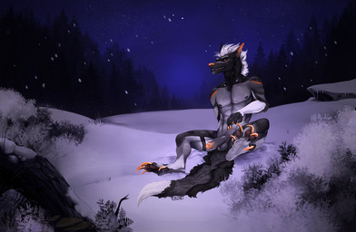 anthro athletic athletic_anthro athletic_male black_body black_fur detailed_background erection fur genitals gradient_penis grey_body grey_fur grey_penis hair humanoid_genitalia humanoid_penis looking_at_viewer male male_anthro night nipples nude nude_anthro nude_male orange_body orange_eyes orange_fur orange_penis outside pecs penis plant sitting smile snow snowing solo spread_legs spreading tail teeth transformation tree vein veiny_penis white_body white_fur white_hair i-psilone mythology scotty_(milopatix) canid canine canis mammal mythological_canine mythological_creature werecanid werecanine werecreature werewolf wolf 2020
