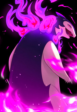 5_fingers ambiguous_anthro ambiguous_gender anthro biped black_background blue_body blue_ears blue_fur colored_fire fangs fingers fire flaming_hair flaming_mane fur half-closed_eyes light looking_at_viewer looking_back looking_back_at_viewer multicolored_body multicolored_fur narrowed_eyes open_mouth pink_tongue pseudo_hair pseudo_mane pupils purple_fire red_eyes simple_background slit_pupils snout solo standing tan_body tan_fur teeth tongue two_tone_body two_tone_fur rumine nintendo pokemon generation_8_pokemon hisuian_form hisuian_typhlosion mammal pokemon_(species) regional_form_(pokemon) 2026 hi_res lighting shaded