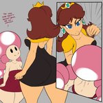 big_breasts big_butt breasts butt cleavage clothed clothing dialogue duo female grey_background huge_butt huge_thighs larger_female not_furry punch short_stack simple_background size_difference smaller_female text thick_thighs wide_hips lyn_nyl mario_bros nintendo princess_daisy toadette human mammal toad_(mario) 1:1 english_text hi_res