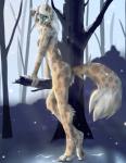 anthro biped breasts butt claws feet female fog fur hair looking_at_viewer misleading_thumbnail nature nude outside paws plant smile snow snowing solo spots steam toe_claws toes tree rydenan felid mammal pantherine snow_leopard absurd_res hi_res