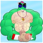 angry anthro big_muscles big_penis bodily_fluids body_hair chest_hair cum genital_fluids genitals green_body lifeguard male muscular penis cocokun! brawl_stars supercell_(company) buzz_(brawl_stars) dinosaur prehistoric_species reptile scalie 1:1 hi_res