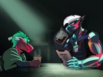 beverage coffee cyberdragon cyberpunk detective duo interrogation_room j450n male male/male police text j450n2080 mythology graker dragon mythological_creature mythological_scalie scalie 4:3 absurd_res english_text hi_res