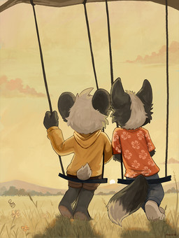 ambiguous_gender anthro barefoot black_body black_fur black_tail blue_bottomwear blue_clothing blue_pants bottomwear brown_bottomwear brown_clothing brown_shorts cheek_tuft clothing cloud dipstick_tail duo faceless_ambiguous faceless_anthro faceless_character facial_tuft feet flower fur head_tuft hoodie logo markings outside pants plant rear_view red_clothing red_topwear shorts sitting sky swing tail tail_markings topwear tuft white_body white_fur yellow_clothing yellow_hoodie yellow_sky yellow_topwear young young_ambiguous young_anthro pandapaco parinton roni_(imroni) border_collie canid canine canis collie domestic_dog herding_dog mammal pastoral_dog sheepdog 2025 artist_logo dated hi_res signature male_(lore)