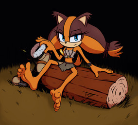 5_toes anthro barefoot blue_eyes boots boots_removed clothed clothing feet female foot_focus footwear log orange_body shoes soles toes wood tenashiart sega sonic_boom sonic_the_hedgehog_(series) sticks_the_jungle_badger badger mammal mustelid musteline hi_res