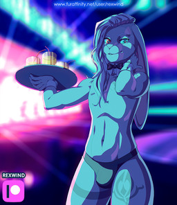 alcohol anthro beverage bow_tie cocktail heterochromia male nipple_piercing nipples piercing smile solo text waiter rexwind hare lagomorph leporid mammal digital_media_(artwork) url