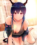 all_fours big_breasts blue_hair blush breasts cleavage clothed clothing female hair horn looking_at_viewer not_furry pink_eyes smile solo dermar arknights hypergryph studio_montagne chen_(arknights) horned_humanoid humanoid 2020 absurd_res hi_res