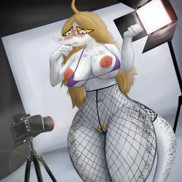 anthro areola big_breasts biped blonde_hair blush bra breasts camera clothed clothing embarrassed female fishnet_clothing freckled_breasts freckled_face freckled_legs freckled_tail freckles genitals grey_eyes hair humanoid_genitalia humanoid_vulva ineffective_clothing inside long_hair mature_anthro mature_female navel nipple_dip nipples non-mammal_breasts non-mammal_navel non-mammal_nipples pink_areola pink_nipples pose pubes purple_bra purple_clothing purple_underwear shy skimpy small_waist solo studio_lights tail thick_thighs underwear vulva wide_hips yellow_sclera ahoeforcoffee cavemanon_studios snoot_game tarja_(snoot_game) dinosaur prehistoric_species reptile saurischian scalie theropod troodon troodontid 1:1 2025 absurd_res colored hi_res pinup shaded