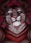 4_ears ambiguous_gender anthro armor big_fangs blue_eyes brown_body brown_fur brown_horn cheek_tuft clothed clothing facial_tuft fangs front_view fur horn looking_at_viewer markings mouth_closed multi_ear neck_tuft red_background simple_background solo teeth text tuft whiskers white_markings santanahoffman guild_wars charr felid mammal 2025 artist_name bust_portrait dated hi_res portrait female_(lore)